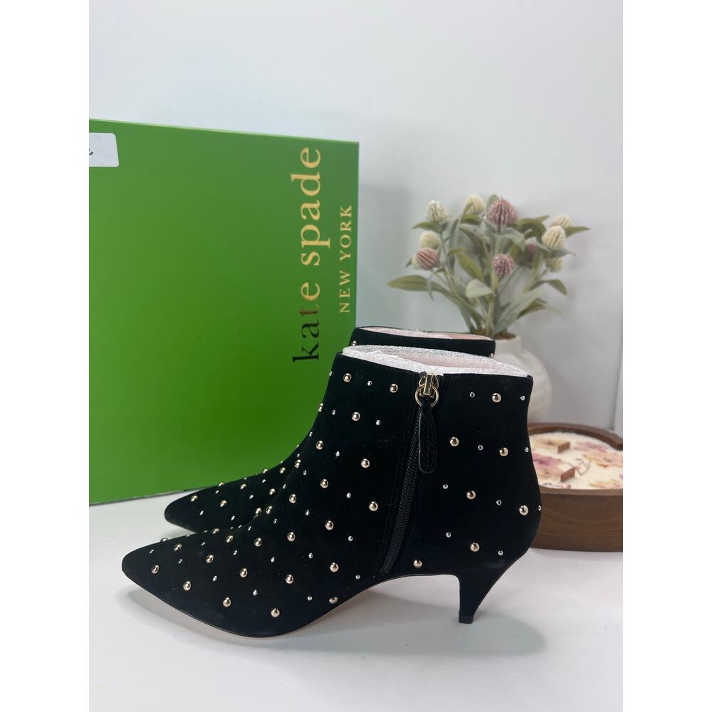 Kate Spade Starr Pointy Toe Leather Bootie Black Studded Women 7.5M Tried On